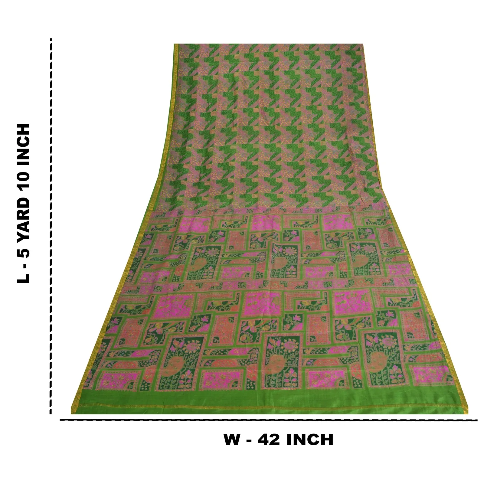 Sanskriti Vintage Sarees Green/Pink Zari Border Pure Silk Print Sari 5yd Fabric