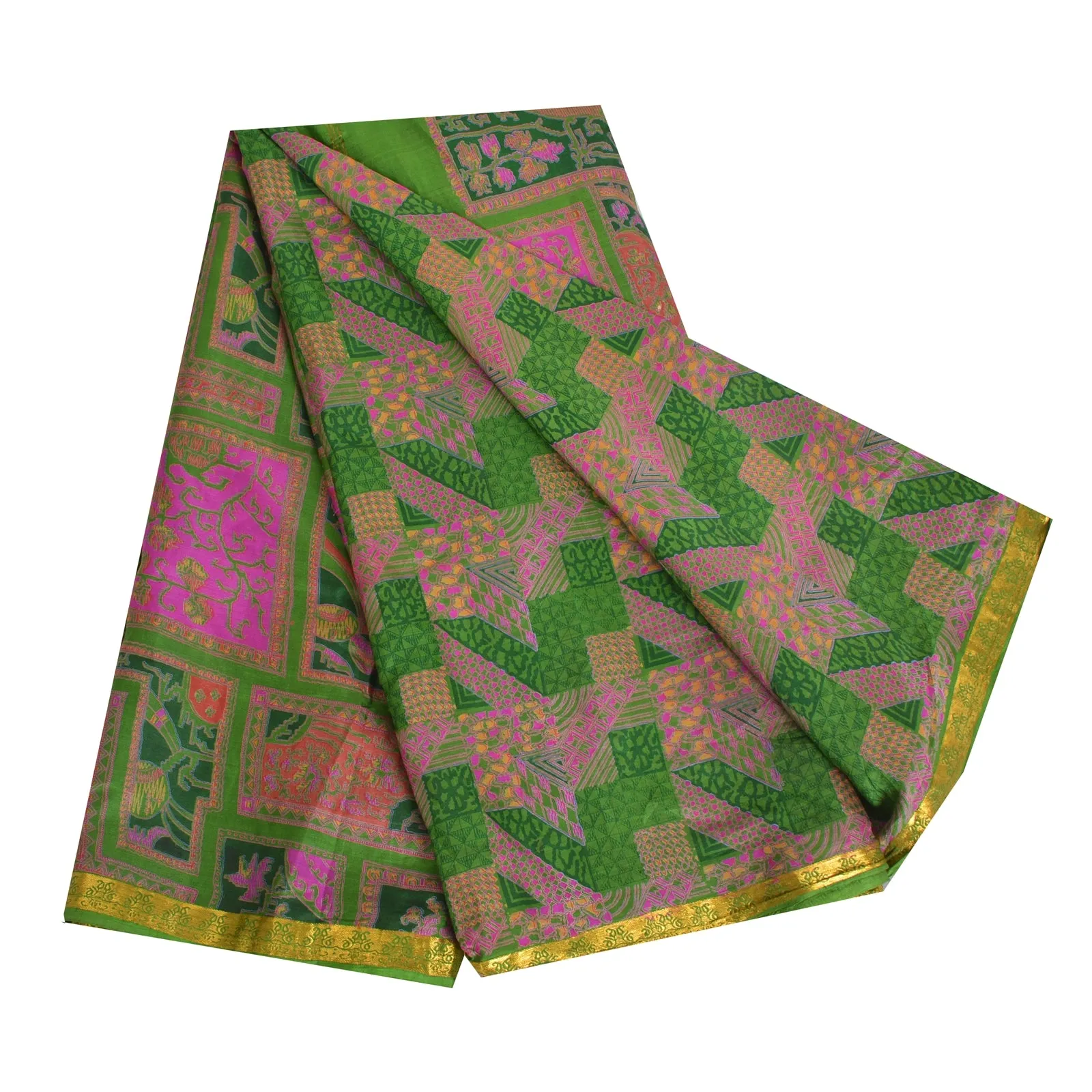 Sanskriti Vintage Sarees Green/Pink Zari Border Pure Silk Print Sari 5yd Fabric