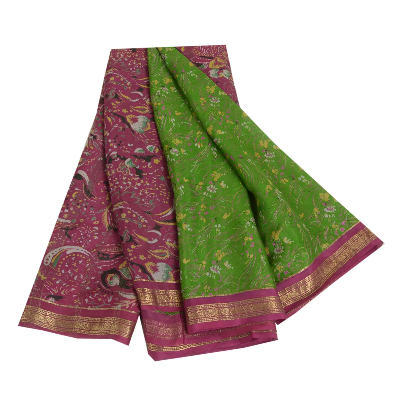 Sanskriti Vintage Sarees Green/Purple Zari Border Pure Silk Printed Sari Fabric