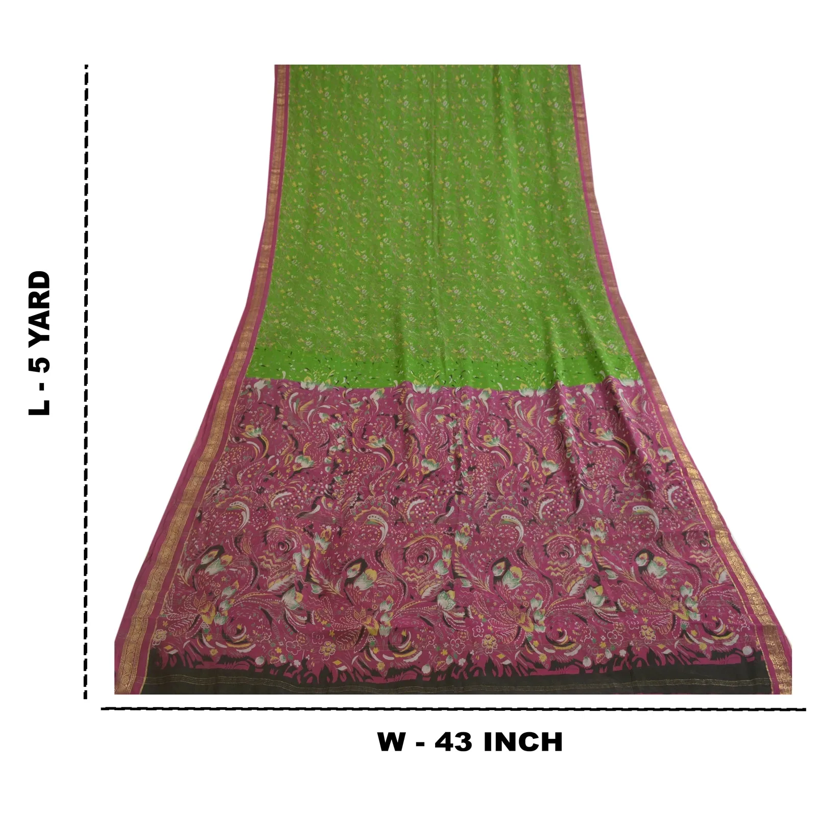 Sanskriti Vintage Sarees Green/Purple Zari Border Pure Silk Printed Sari Fabric