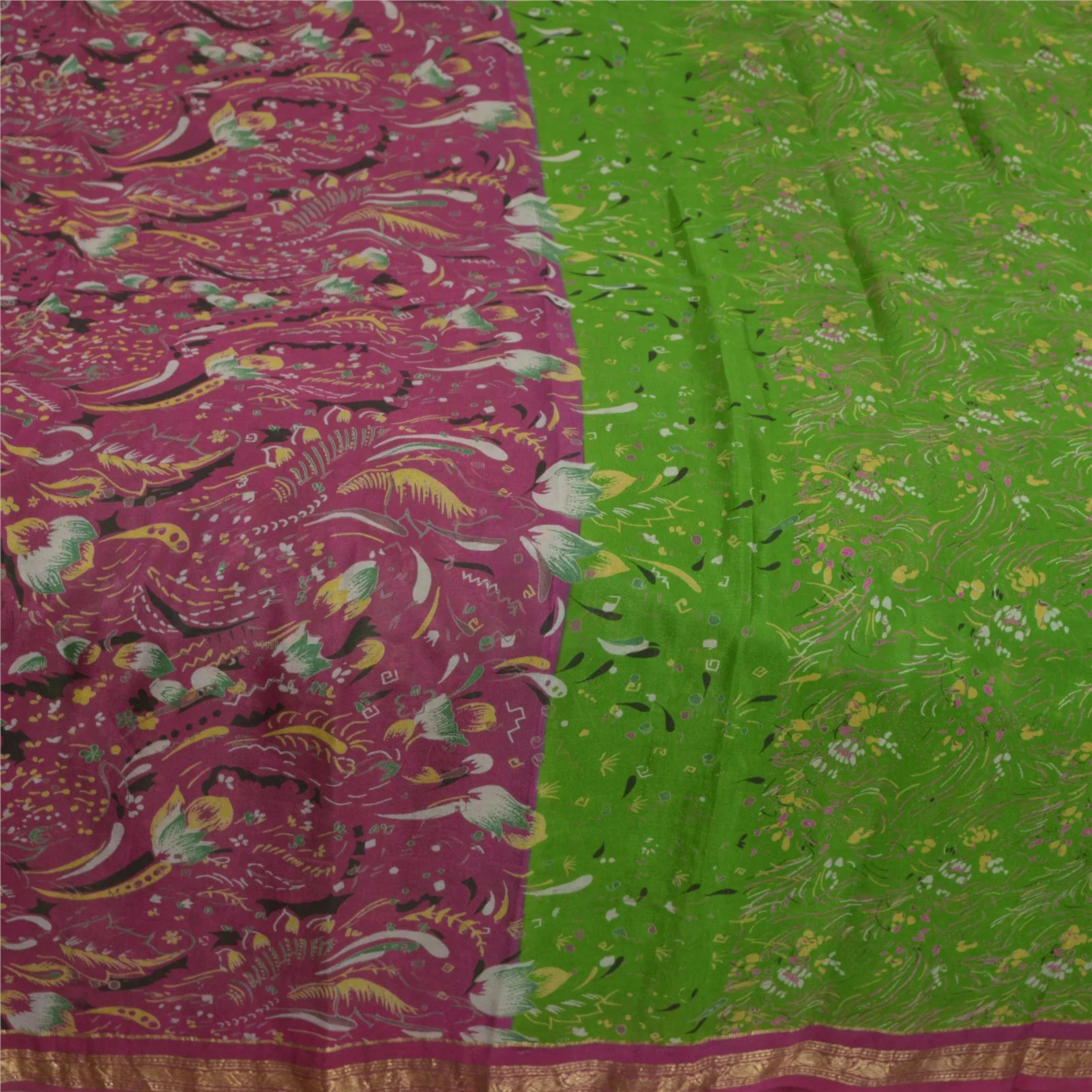 Sanskriti Vintage Sarees Green/Purple Zari Border Pure Silk Printed Sari Fabric