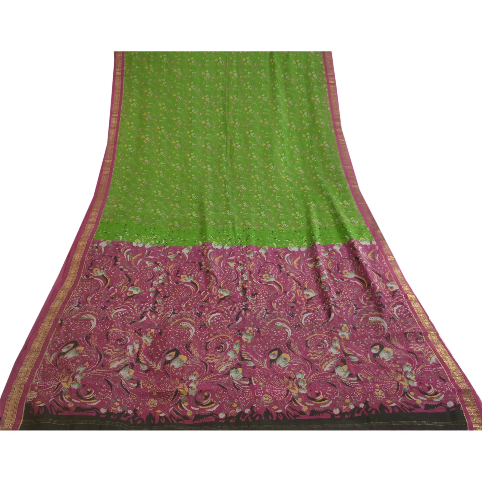 Sanskriti Vintage Sarees Green/Purple Zari Border Pure Silk Printed Sari Fabric