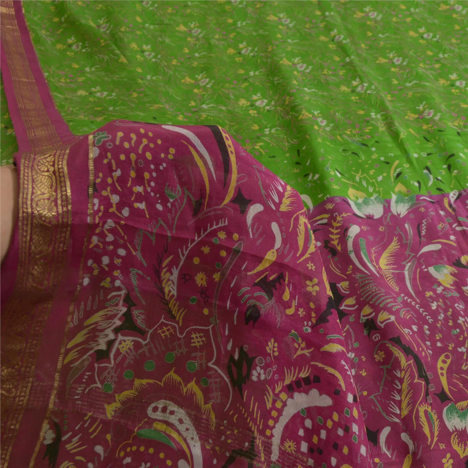 Sanskriti Vintage Sarees Green/Purple Zari Border Pure Silk Printed Sari Fabric