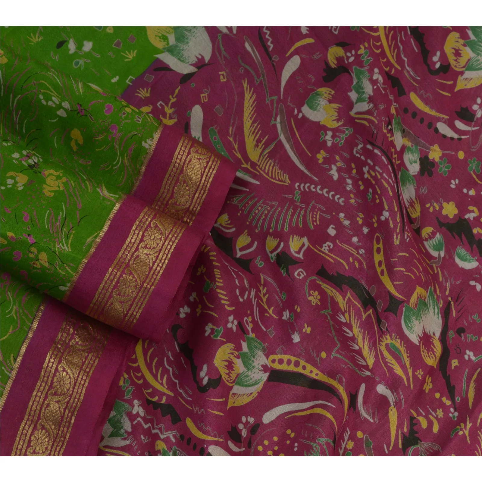 Sanskriti Vintage Sarees Green/Purple Zari Border Pure Silk Printed Sari Fabric