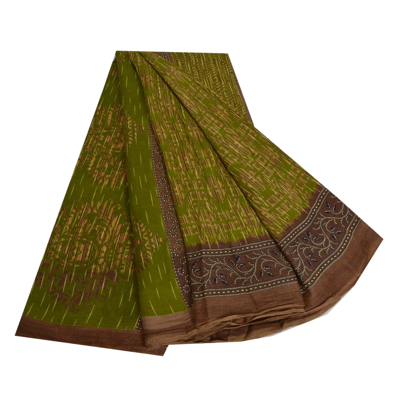 Sanskriti Vintage Sarees Indian Green Pure Cotton Printed Sari 5yd Craft Fabric