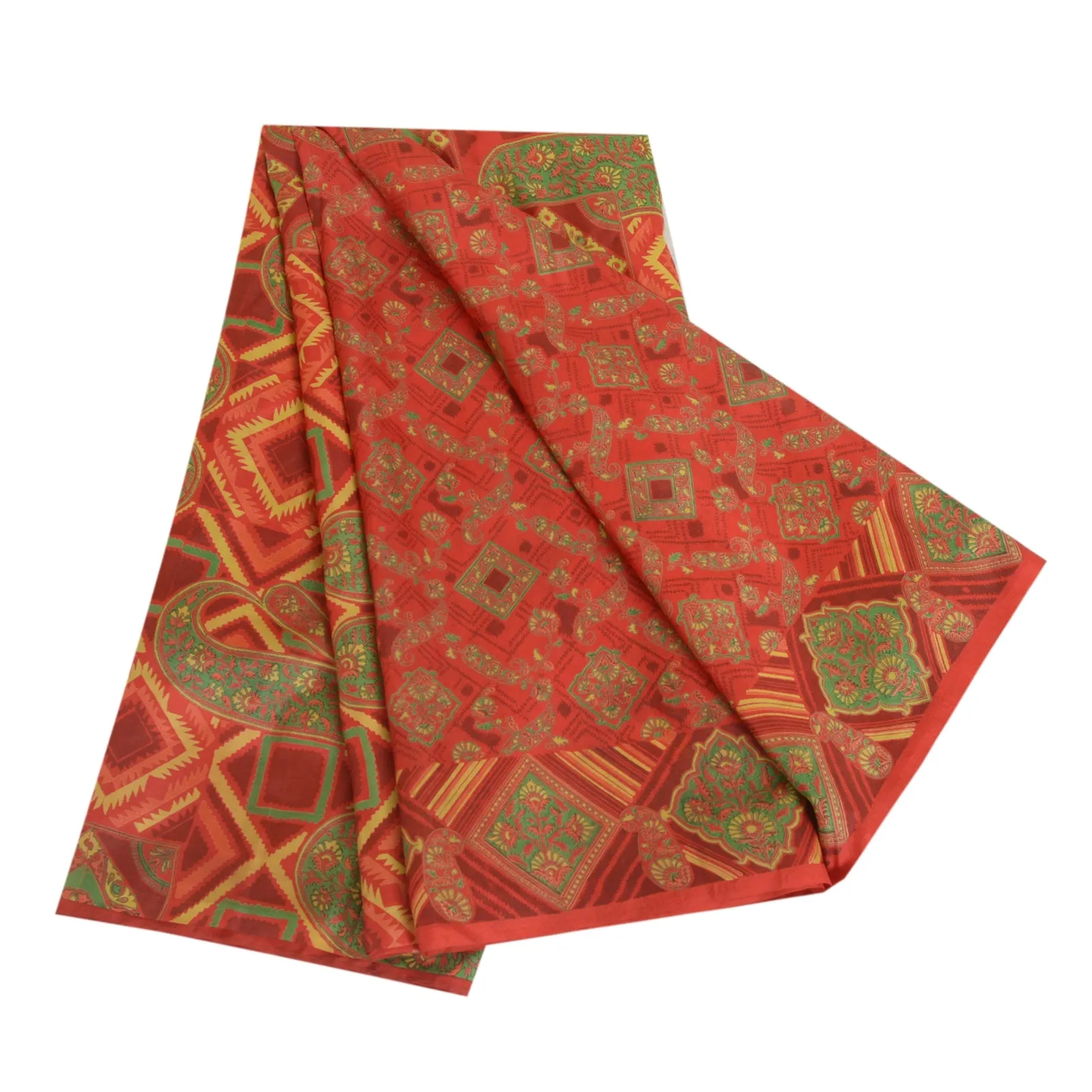 Sanskriti Vintage Sarees Indian Red Paisley Printed Pure Silk Sari Craft Fabric