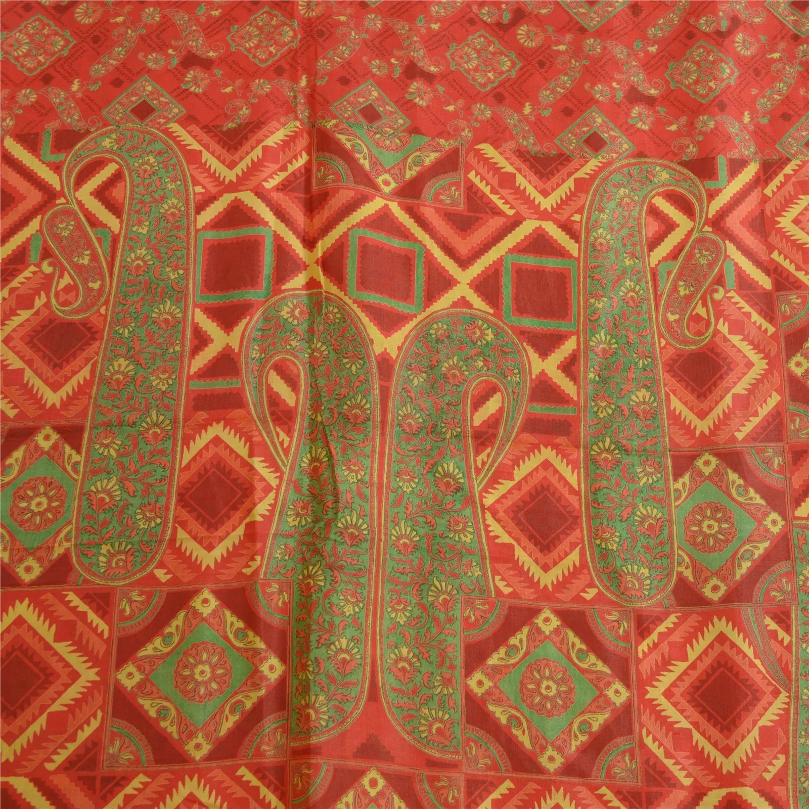 Sanskriti Vintage Sarees Indian Red Paisley Printed Pure Silk Sari Craft Fabric