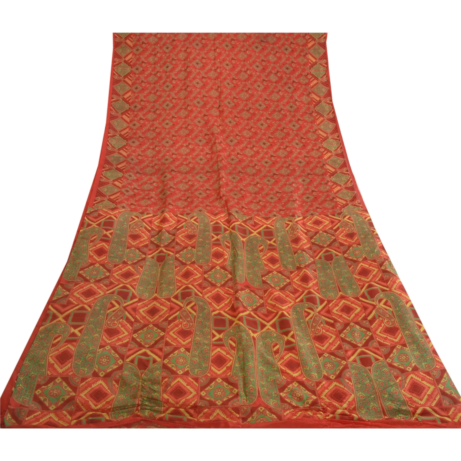 Sanskriti Vintage Sarees Indian Red Paisley Printed Pure Silk Sari Craft Fabric