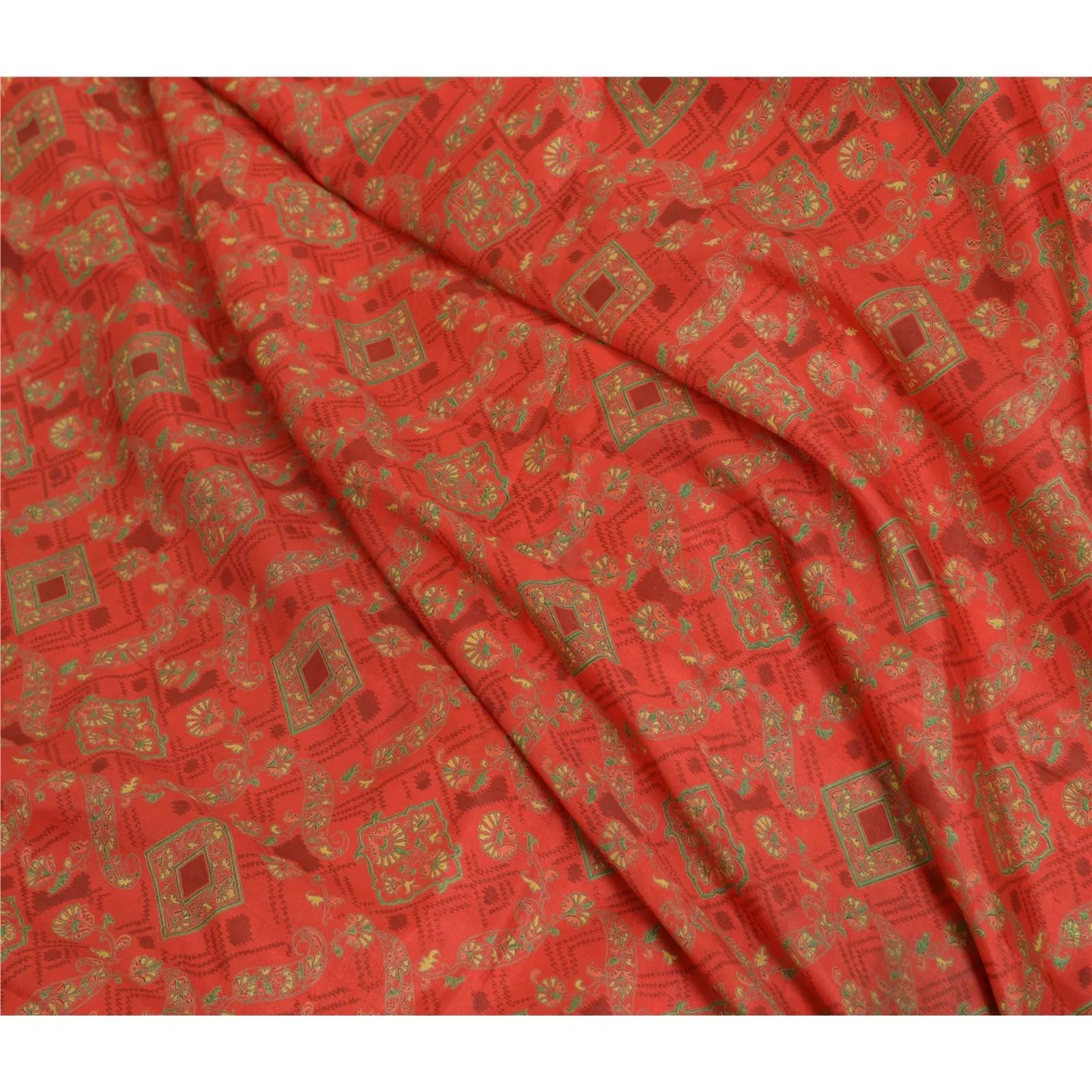 Sanskriti Vintage Sarees Indian Red Paisley Printed Pure Silk Sari Craft Fabric