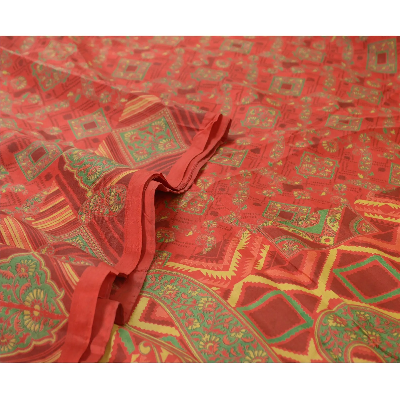 Sanskriti Vintage Sarees Indian Red Paisley Printed Pure Silk Sari Craft Fabric