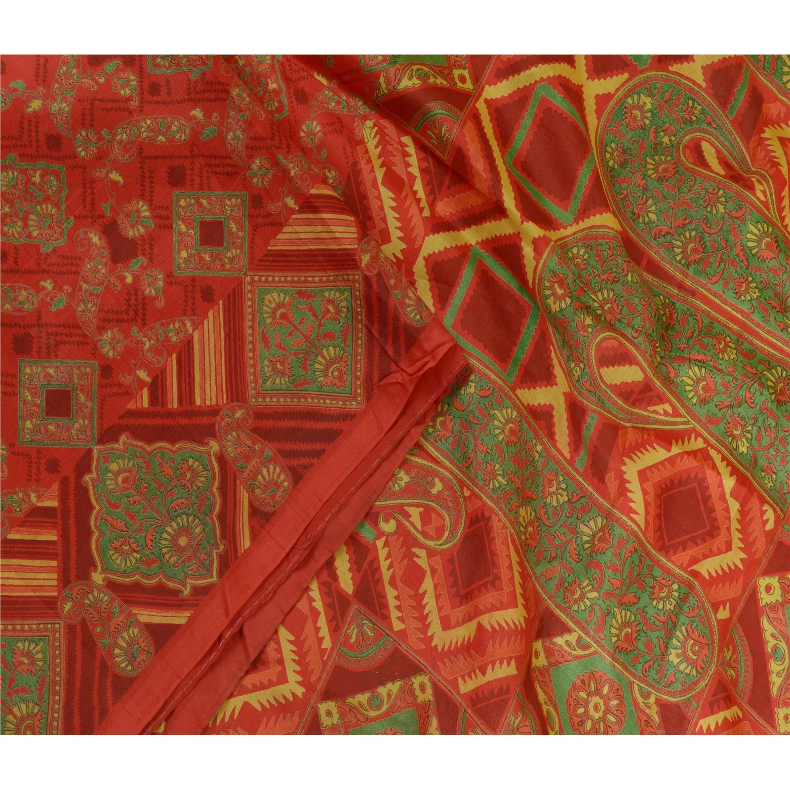 Sanskriti Vintage Sarees Indian Red Paisley Printed Pure Silk Sari Craft Fabric