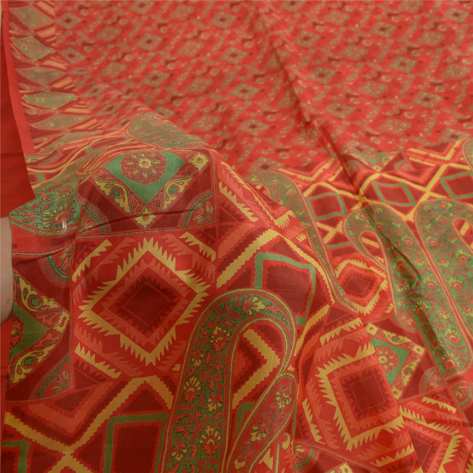 Sanskriti Vintage Sarees Indian Red Paisley Printed Pure Silk Sari Craft Fabric