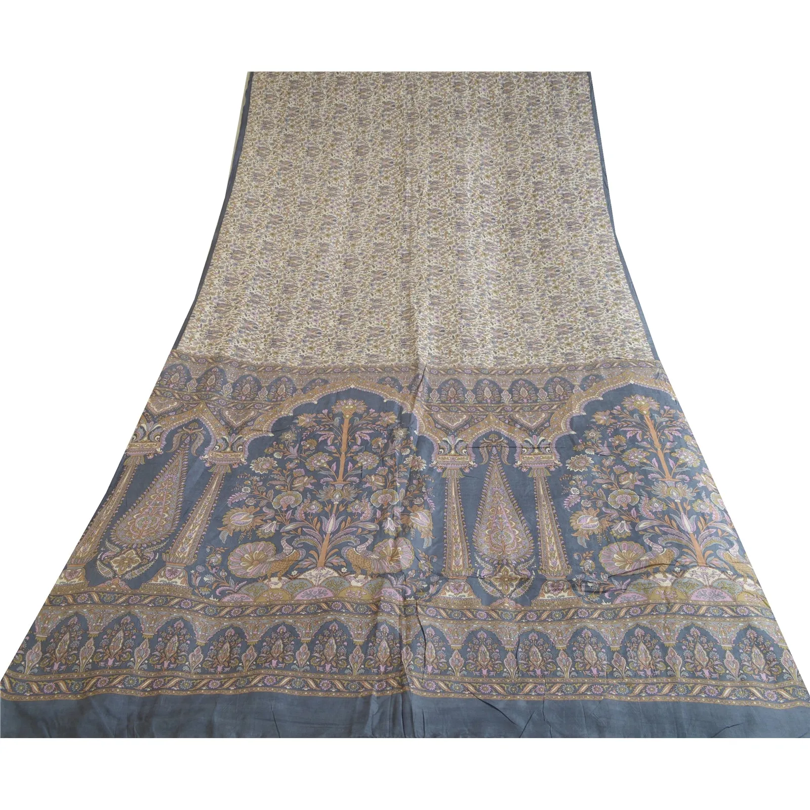 Sanskriti Vintage Sarees Ivory/Blue Printed Pure Silk Sari Floral Craft Fabric