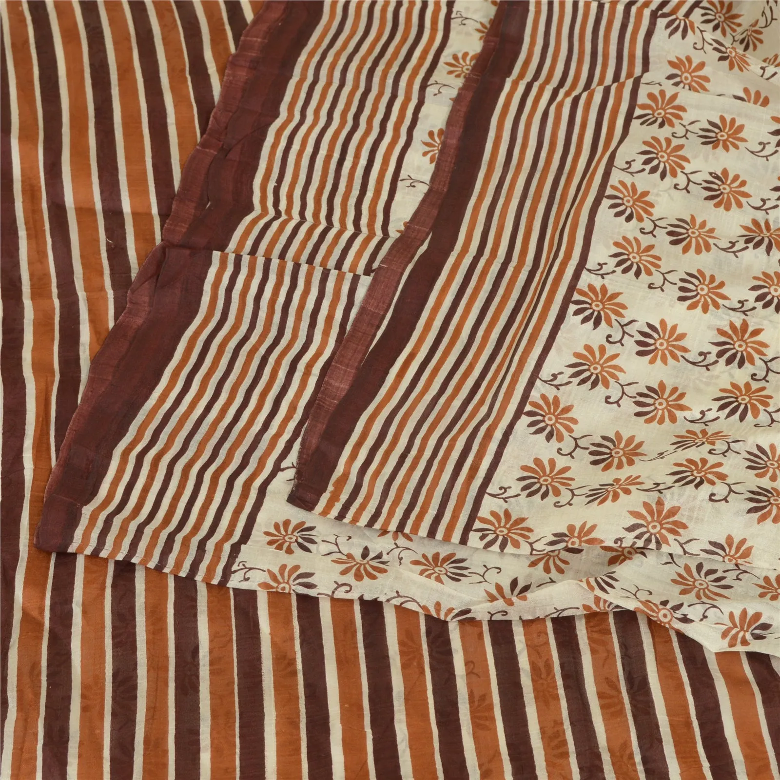 Sanskriti Vintage Sarees Ivory/Brown 100% Pure Silk Printed Sari Craft Fabric