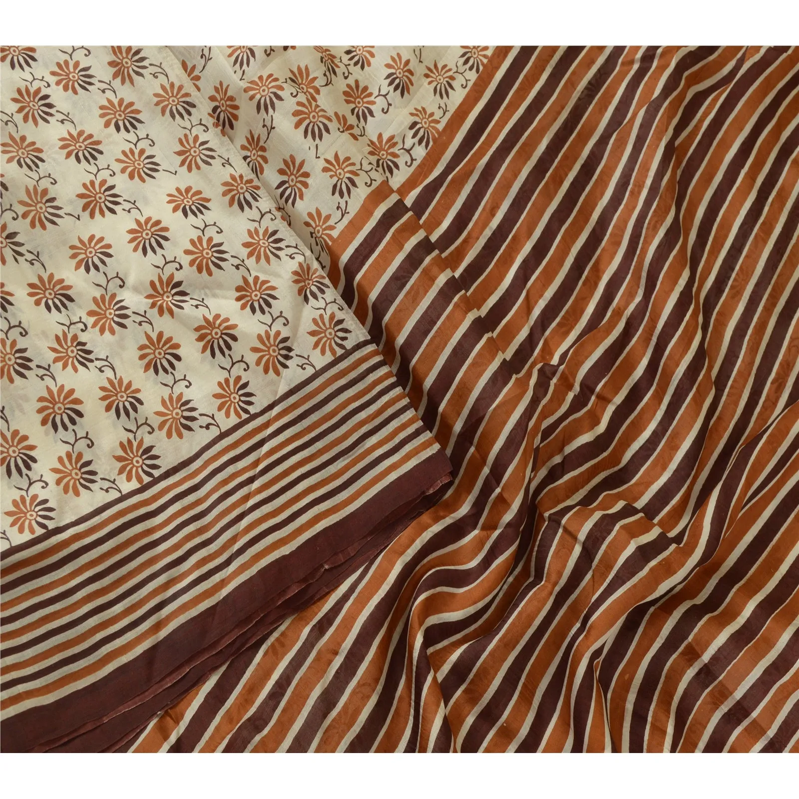 Sanskriti Vintage Sarees Ivory/Brown 100% Pure Silk Printed Sari Craft Fabric