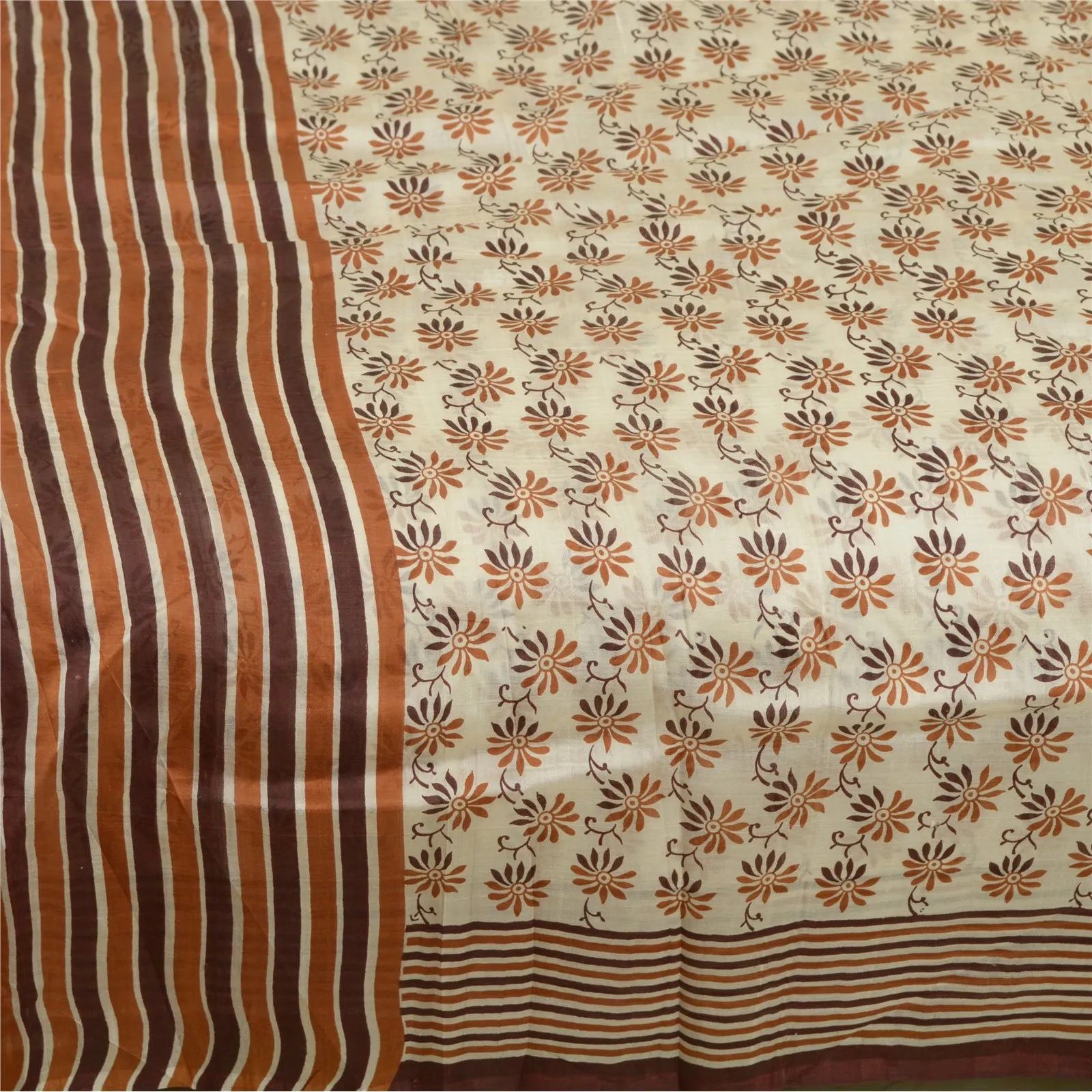 Sanskriti Vintage Sarees Ivory/Brown 100% Pure Silk Printed Sari Craft Fabric