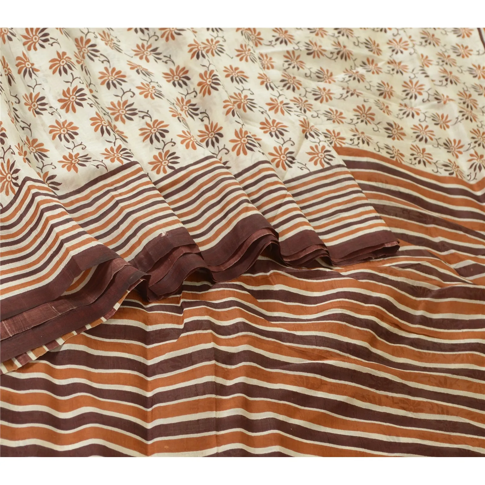 Sanskriti Vintage Sarees Ivory/Brown 100% Pure Silk Printed Sari Craft Fabric