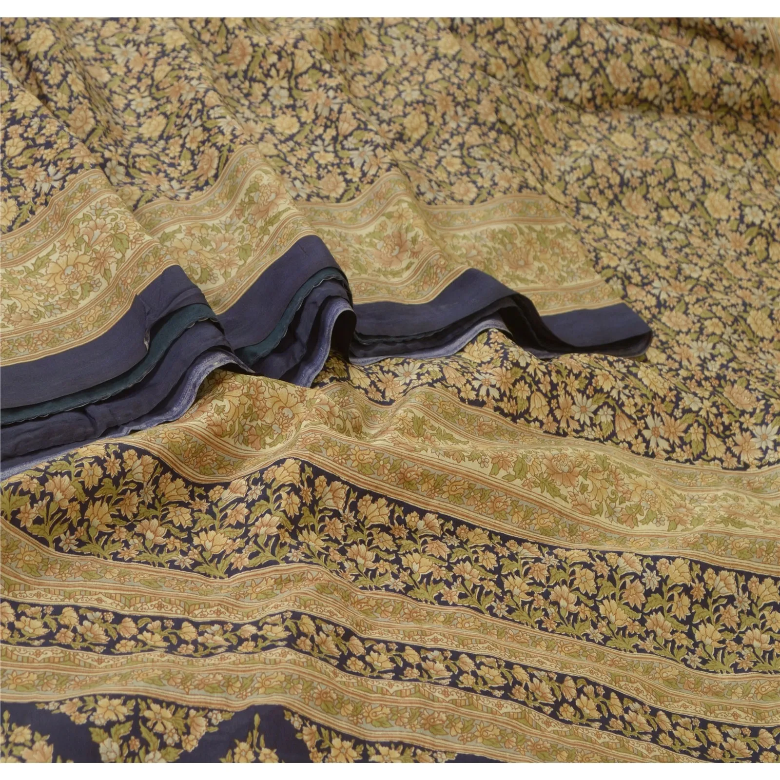 Sanskriti Vintage Sarees Navy Blue Pure Silk Printed Sari 5yd Soft Craft Fabric