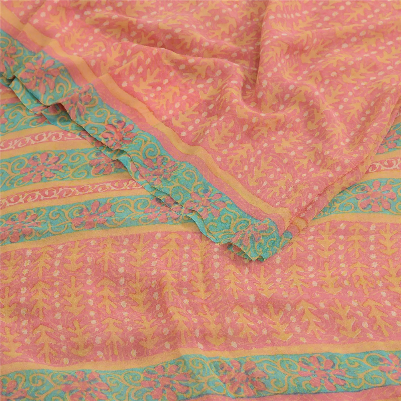 Sanskriti Vintage Sarees Pink Pure Georgette Silk Printed Sari 5yd Craft Fabric