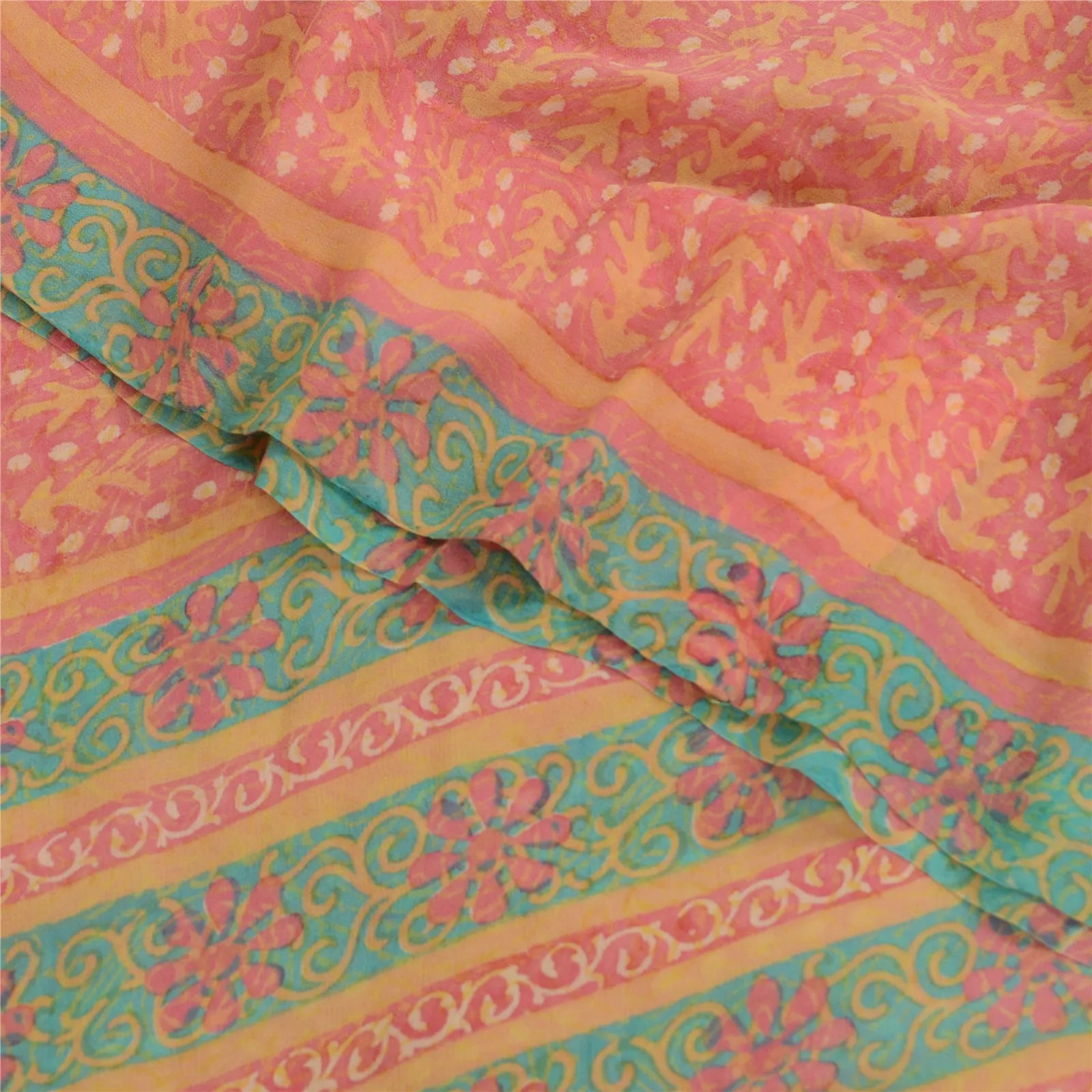 Sanskriti Vintage Sarees Pink Pure Georgette Silk Printed Sari 5yd Craft Fabric