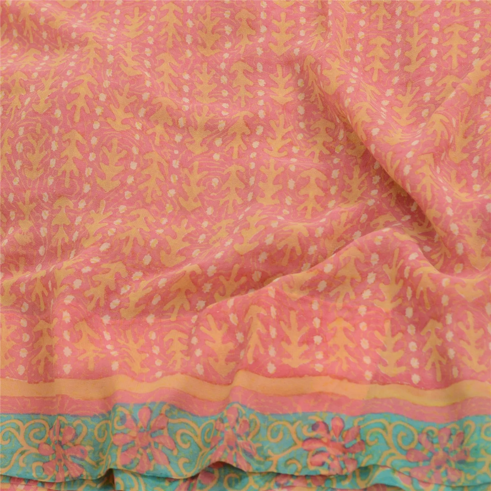 Sanskriti Vintage Sarees Pink Pure Georgette Silk Printed Sari 5yd Craft Fabric