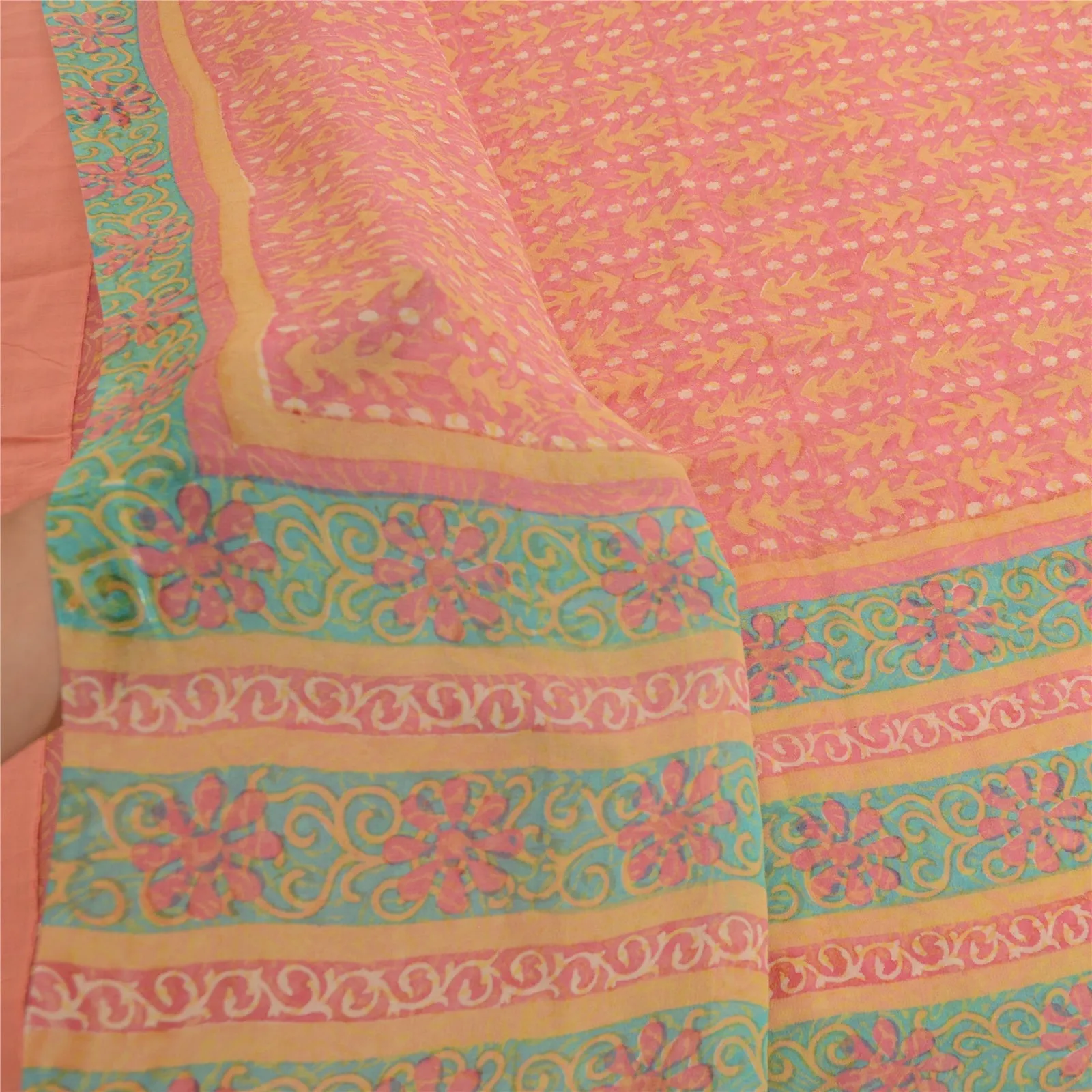 Sanskriti Vintage Sarees Pink Pure Georgette Silk Printed Sari 5yd Craft Fabric