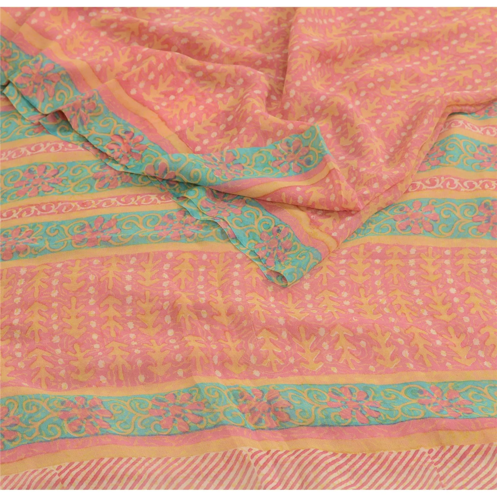 Sanskriti Vintage Sarees Pink Pure Georgette Silk Printed Sari 5yd Craft Fabric