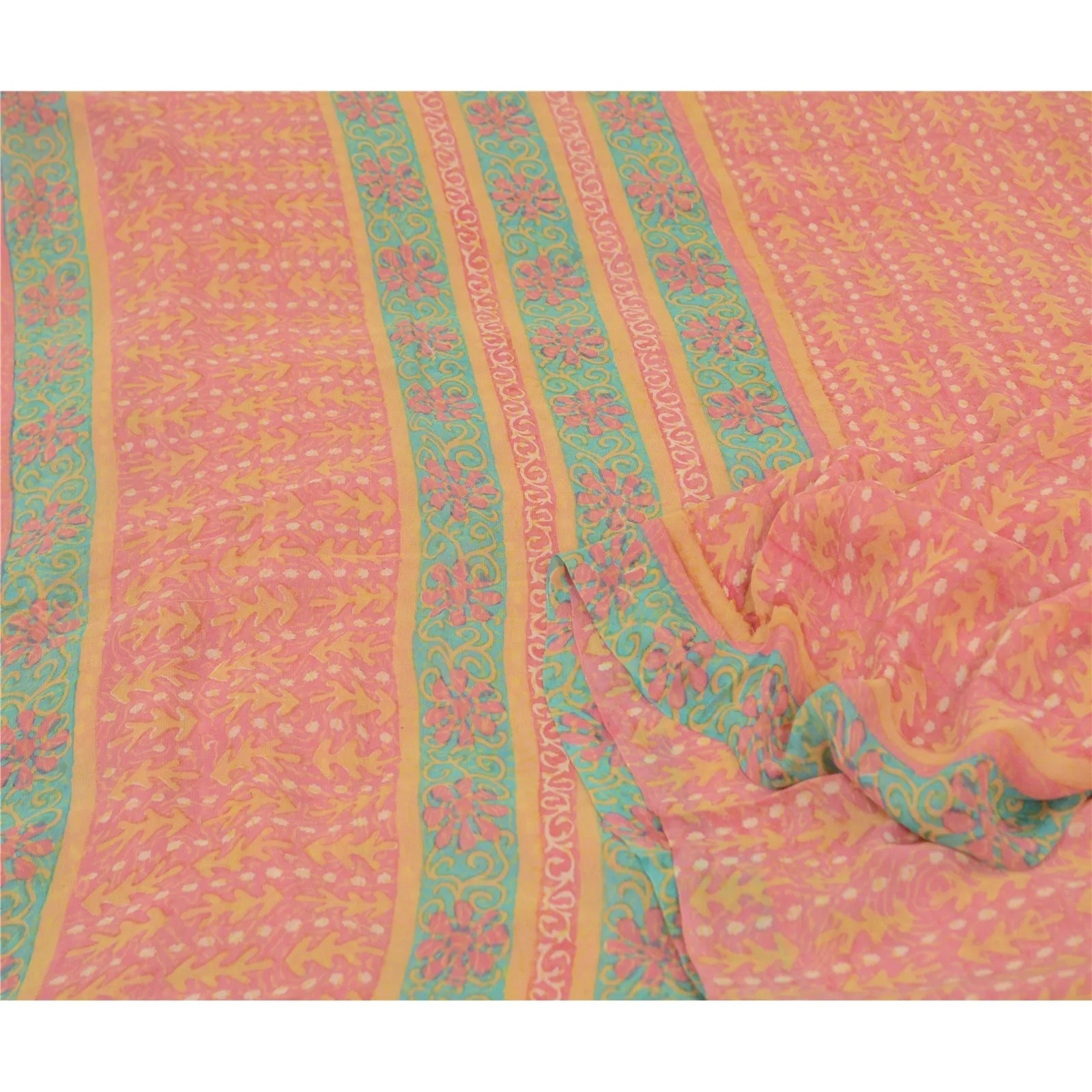 Sanskriti Vintage Sarees Pink Pure Georgette Silk Printed Sari 5yd Craft Fabric