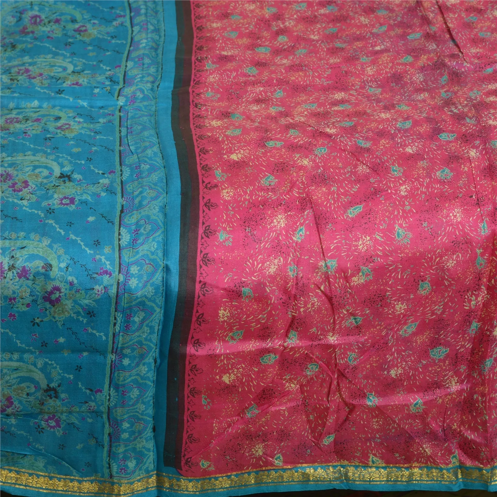 Sanskriti Vintage Sarees Pink/Blue Zari Boder Print Pure Silk Sari Craft Fabric