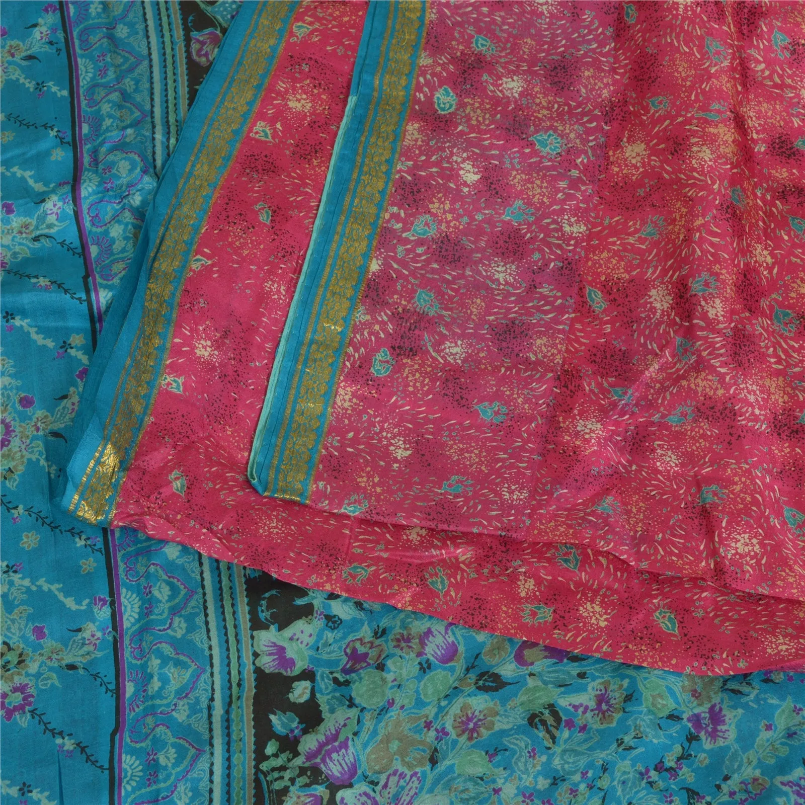 Sanskriti Vintage Sarees Pink/Blue Zari Boder Print Pure Silk Sari Craft Fabric