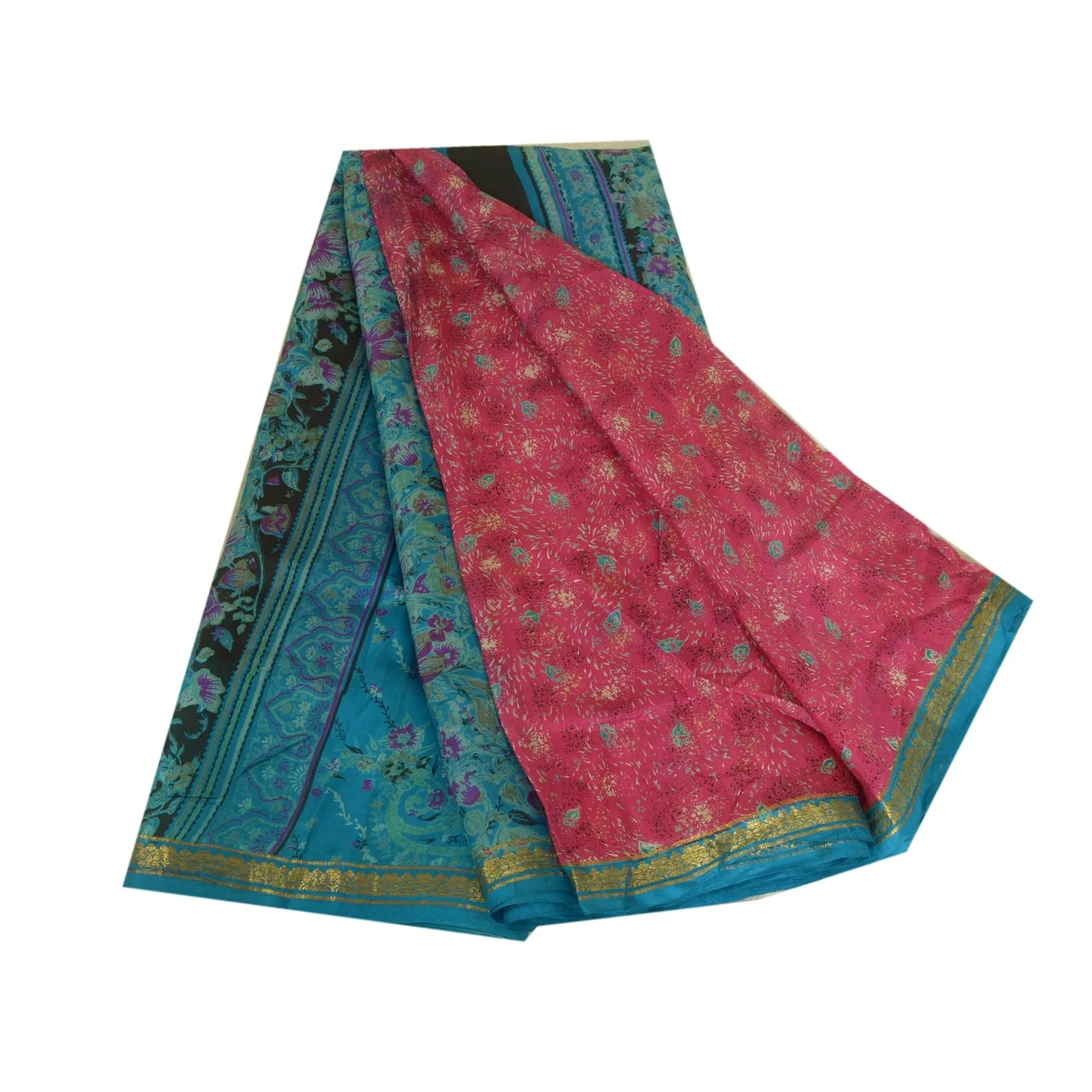 Sanskriti Vintage Sarees Pink/Blue Zari Boder Print Pure Silk Sari Craft Fabric