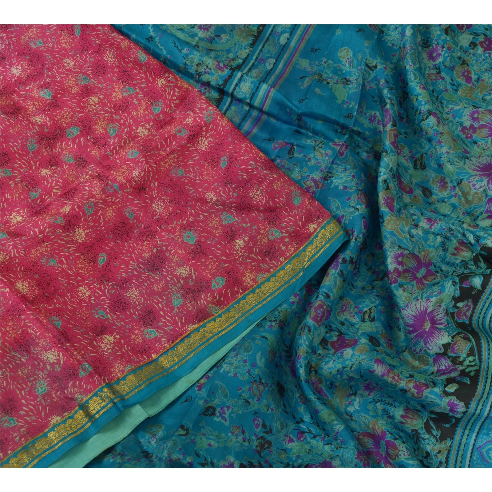 Sanskriti Vintage Sarees Pink/Blue Zari Boder Print Pure Silk Sari Craft Fabric