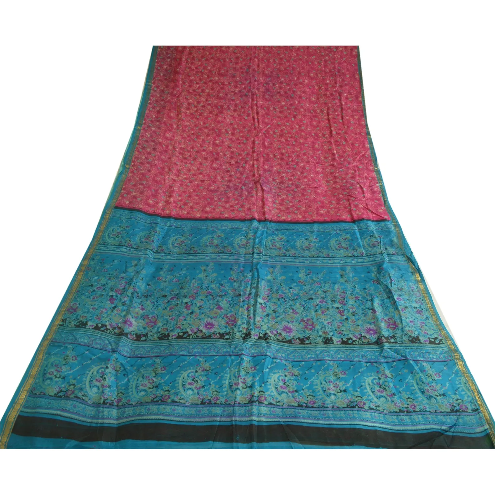 Sanskriti Vintage Sarees Pink/Blue Zari Boder Print Pure Silk Sari Craft Fabric