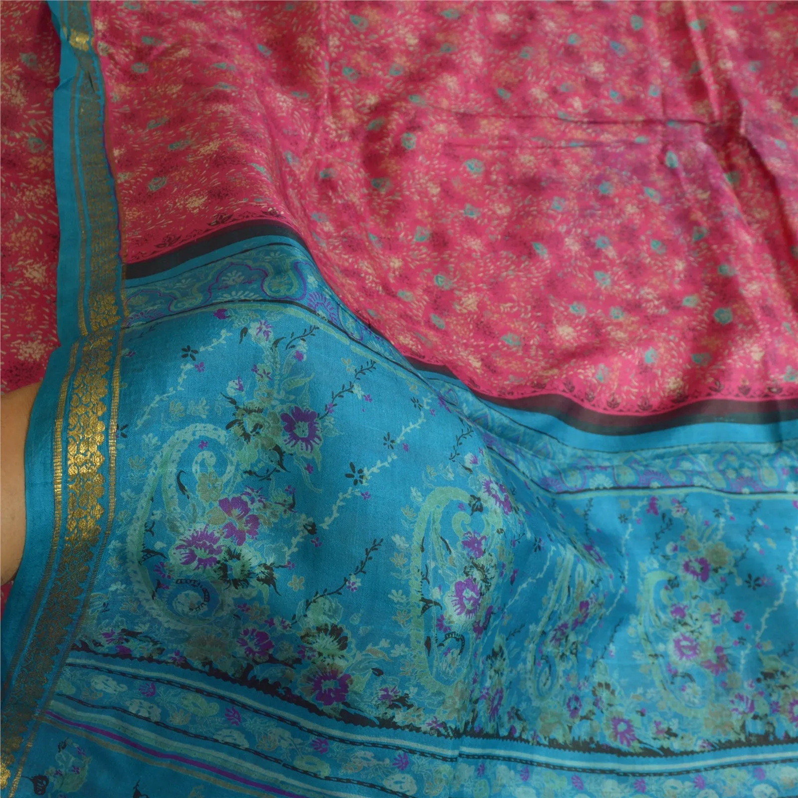 Sanskriti Vintage Sarees Pink/Blue Zari Boder Print Pure Silk Sari Craft Fabric