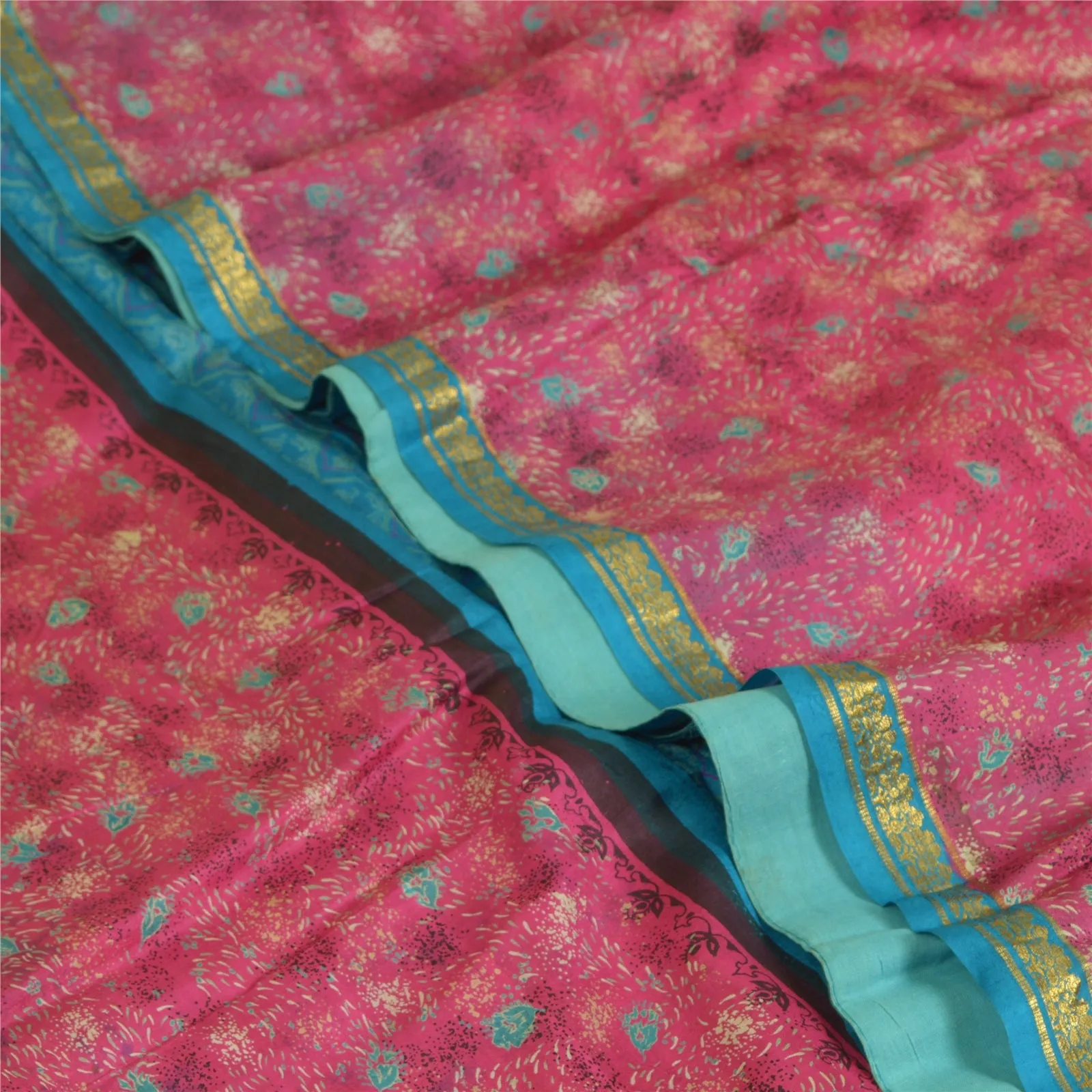 Sanskriti Vintage Sarees Pink/Blue Zari Boder Print Pure Silk Sari Craft Fabric