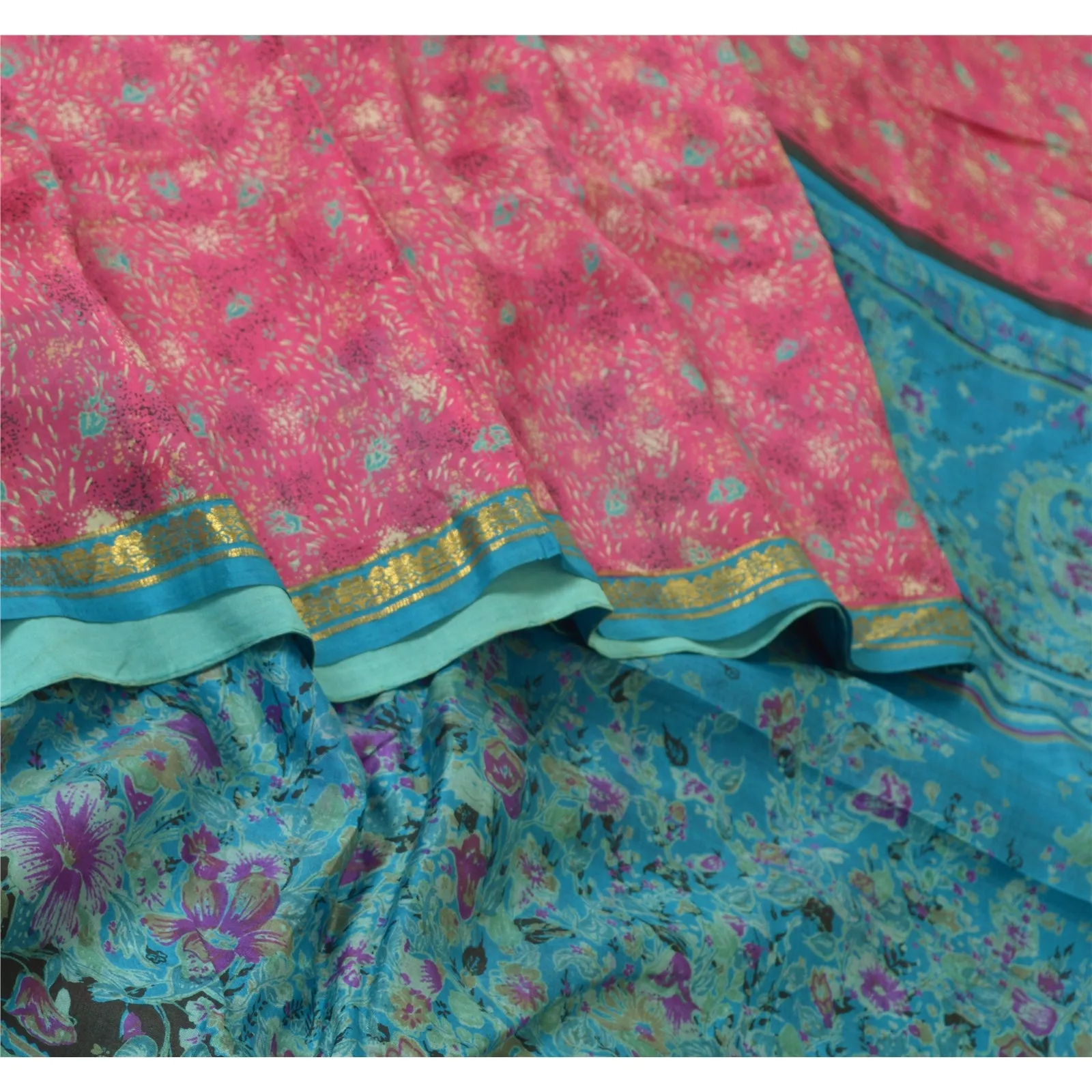 Sanskriti Vintage Sarees Pink/Blue Zari Boder Print Pure Silk Sari Craft Fabric