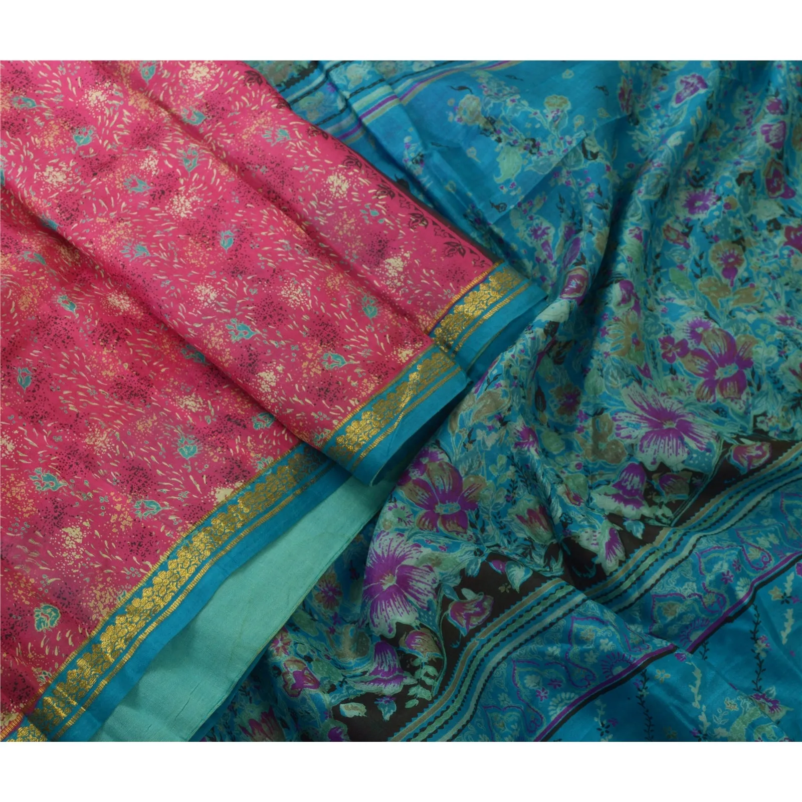 Sanskriti Vintage Sarees Pink/Blue Zari Boder Print Pure Silk Sari Craft Fabric