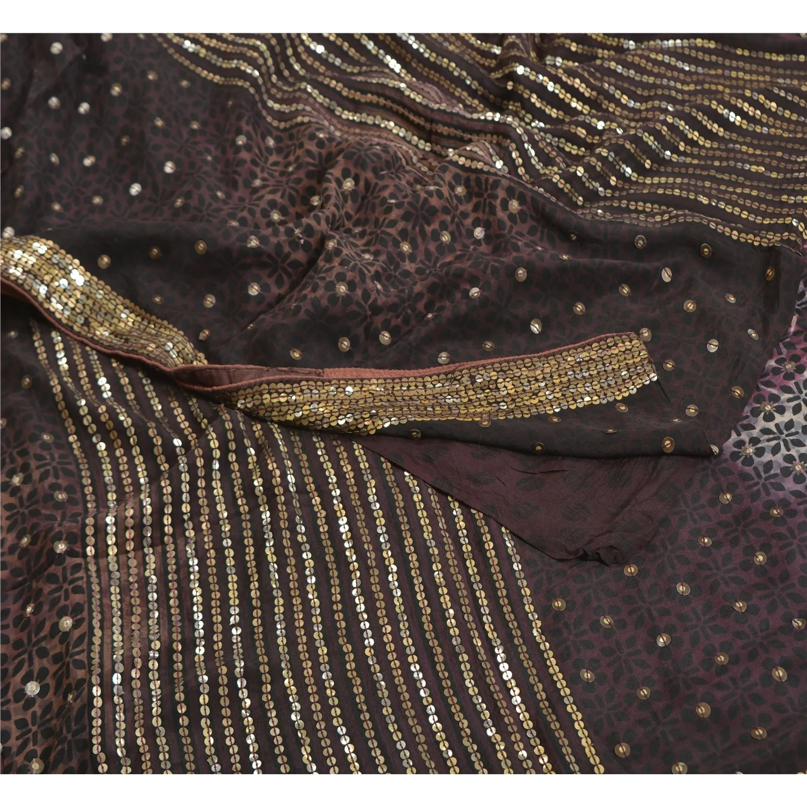 Sanskriti Vintage Sarees Purple Tie-Dye Hand Beaded Pure Crepe Silk Sari Fabric