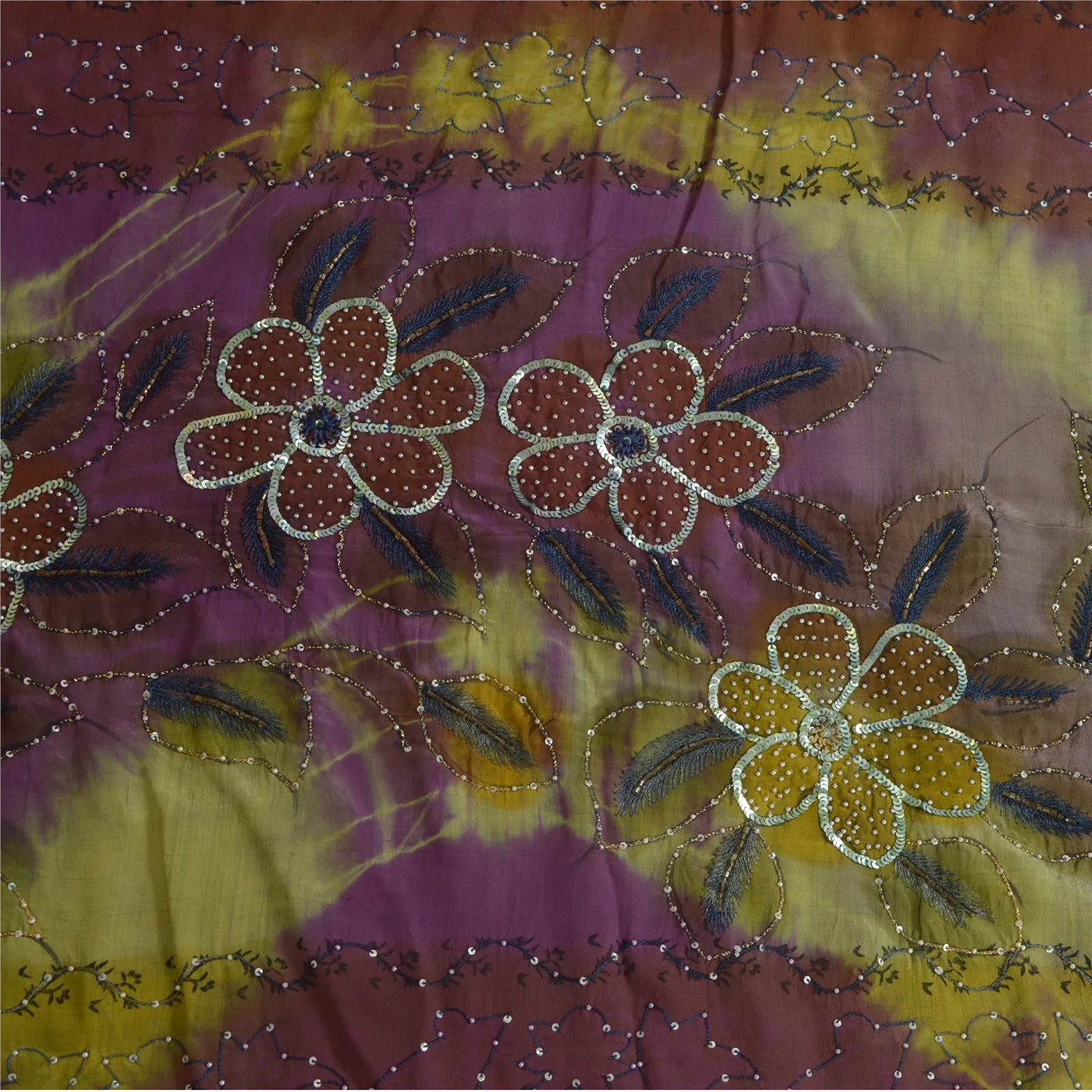 Sanskriti Vintage Sarees Purple/Green Tie-Dye Hand Beaded Pure Crepe Sari Fabric