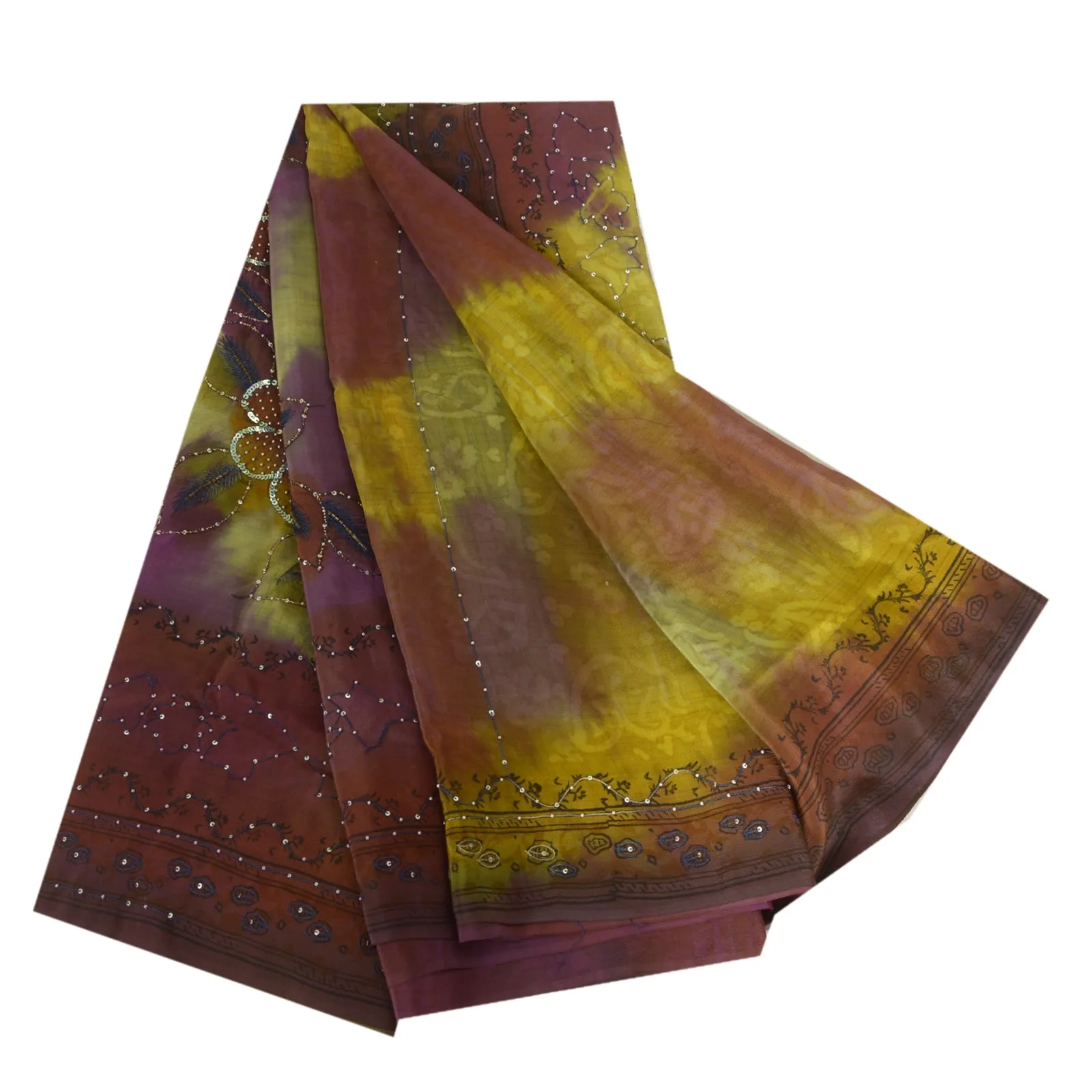 Sanskriti Vintage Sarees Purple/Green Tie-Dye Hand Beaded Pure Crepe Sari Fabric