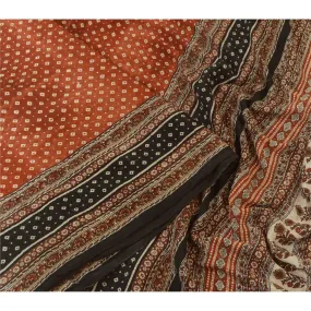 Sanskriti Vintage Sarees Red Hand Block Printed Pure Silk Sari Soft Craft Fabric