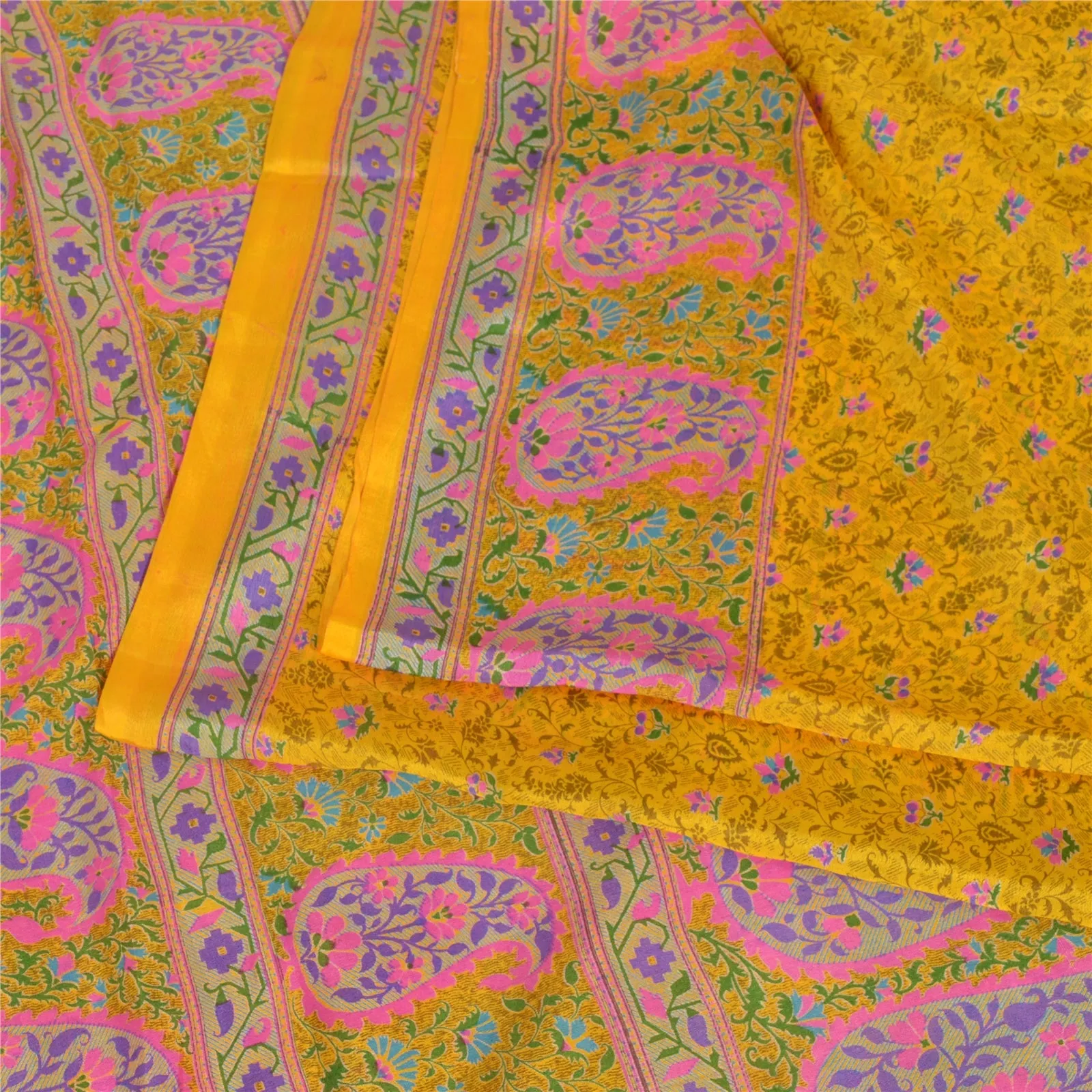 Sanskriti Vintage Sarees Yellow/Pink Pure Silk Printed Sari Floral Craft Fabric