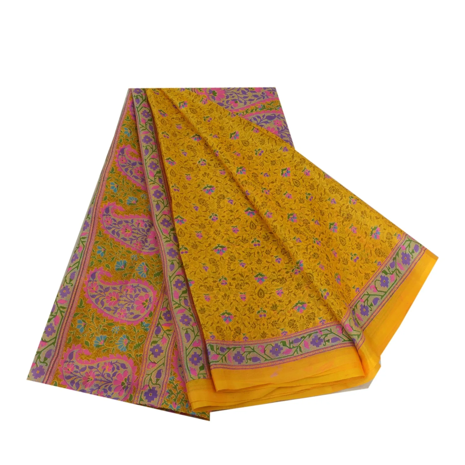 Sanskriti Vintage Sarees Yellow/Pink Pure Silk Printed Sari Floral Craft Fabric