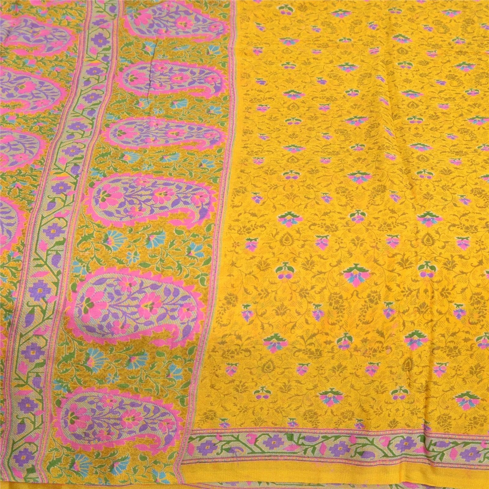 Sanskriti Vintage Sarees Yellow/Pink Pure Silk Printed Sari Floral Craft Fabric