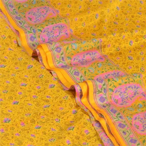 Sanskriti Vintage Sarees Yellow/Pink Pure Silk Printed Sari Floral Craft Fabric