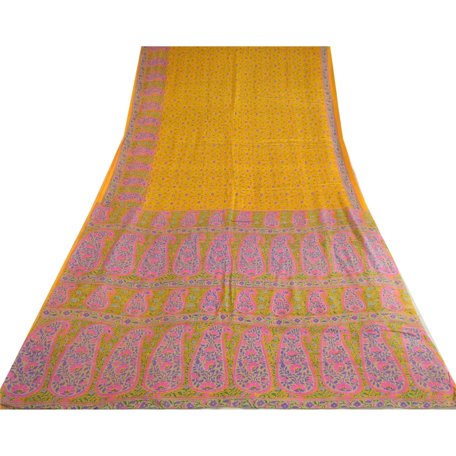 Sanskriti Vintage Sarees Yellow/Pink Pure Silk Printed Sari Floral Craft Fabric