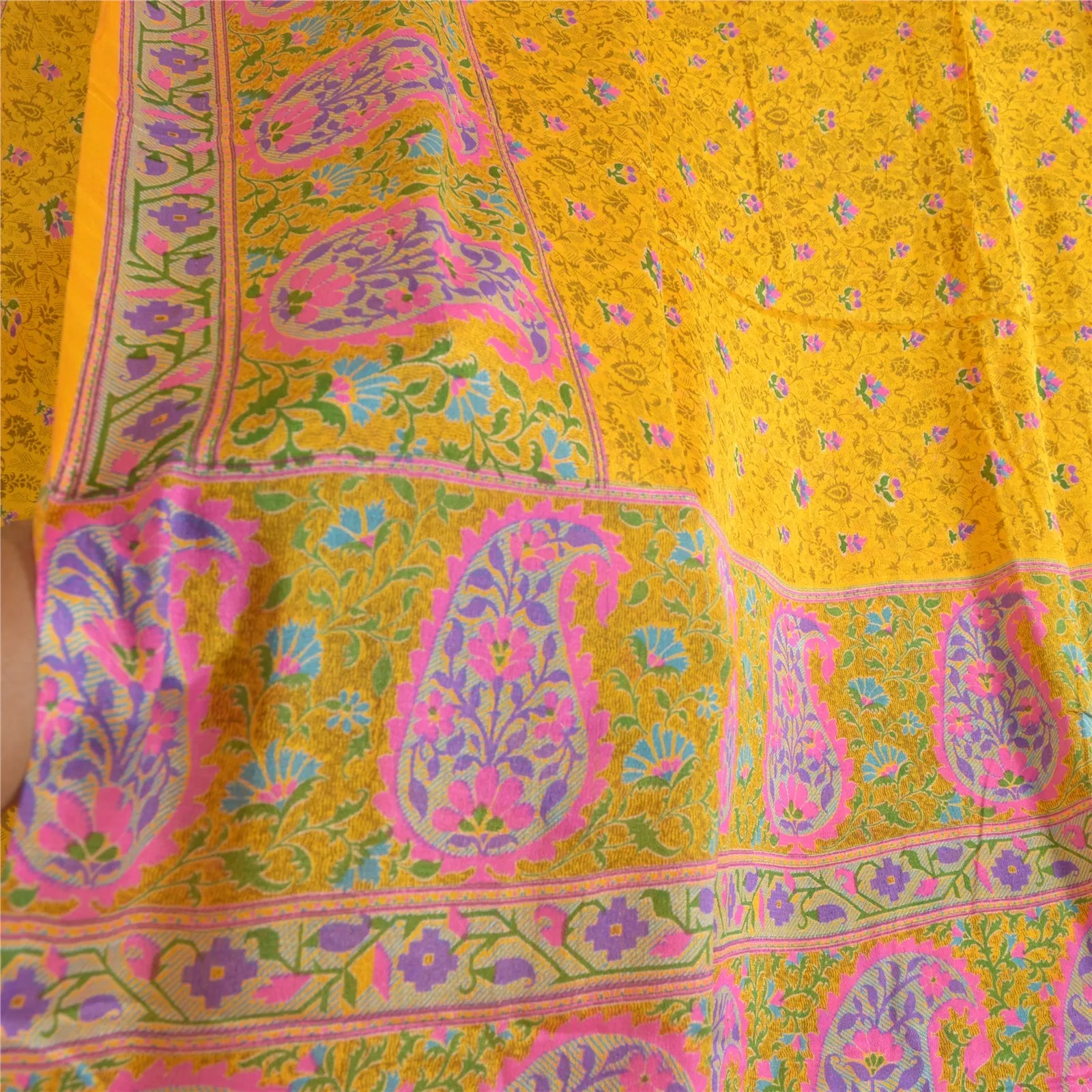 Sanskriti Vintage Sarees Yellow/Pink Pure Silk Printed Sari Floral Craft Fabric