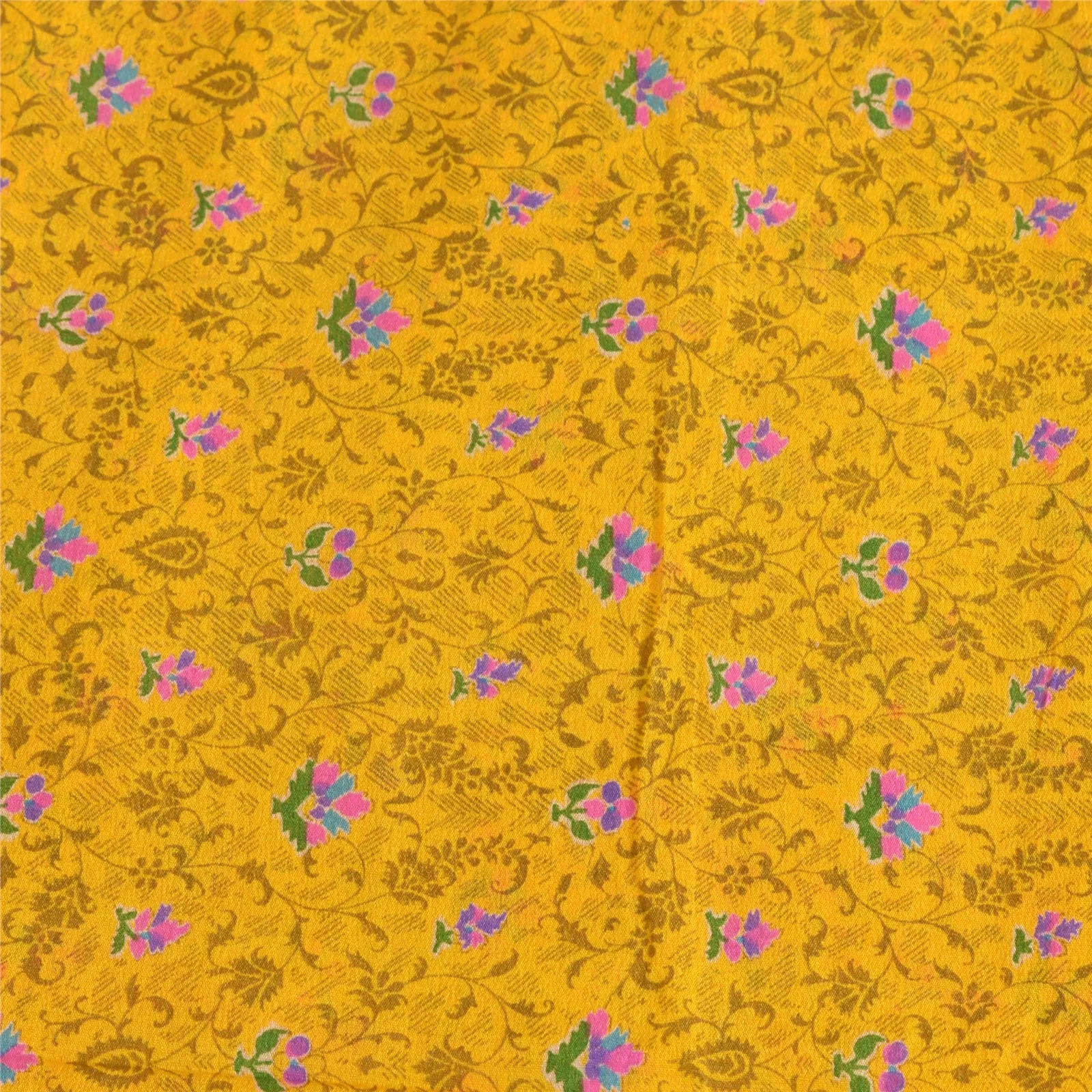 Sanskriti Vintage Sarees Yellow/Pink Pure Silk Printed Sari Floral Craft Fabric