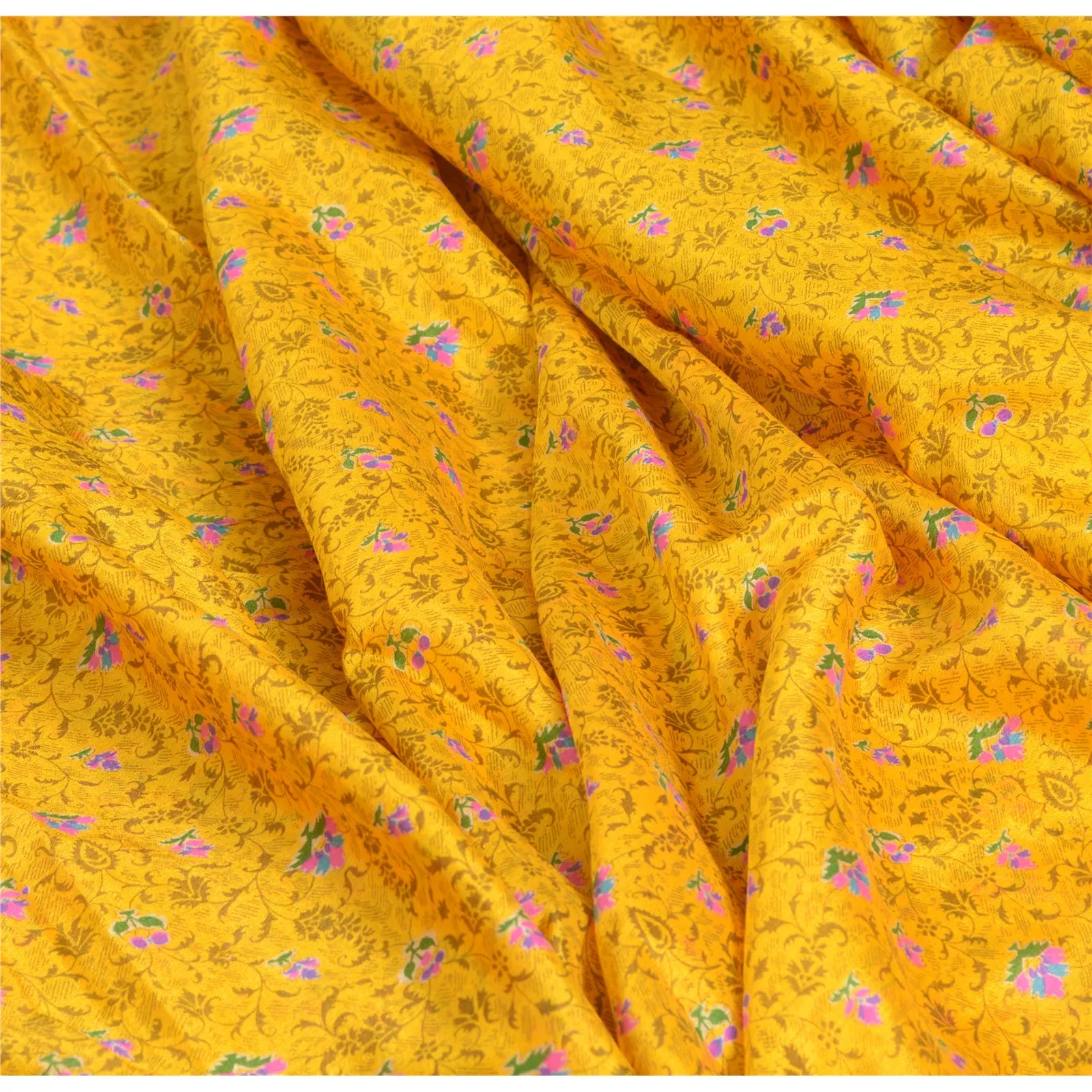 Sanskriti Vintage Sarees Yellow/Pink Pure Silk Printed Sari Floral Craft Fabric