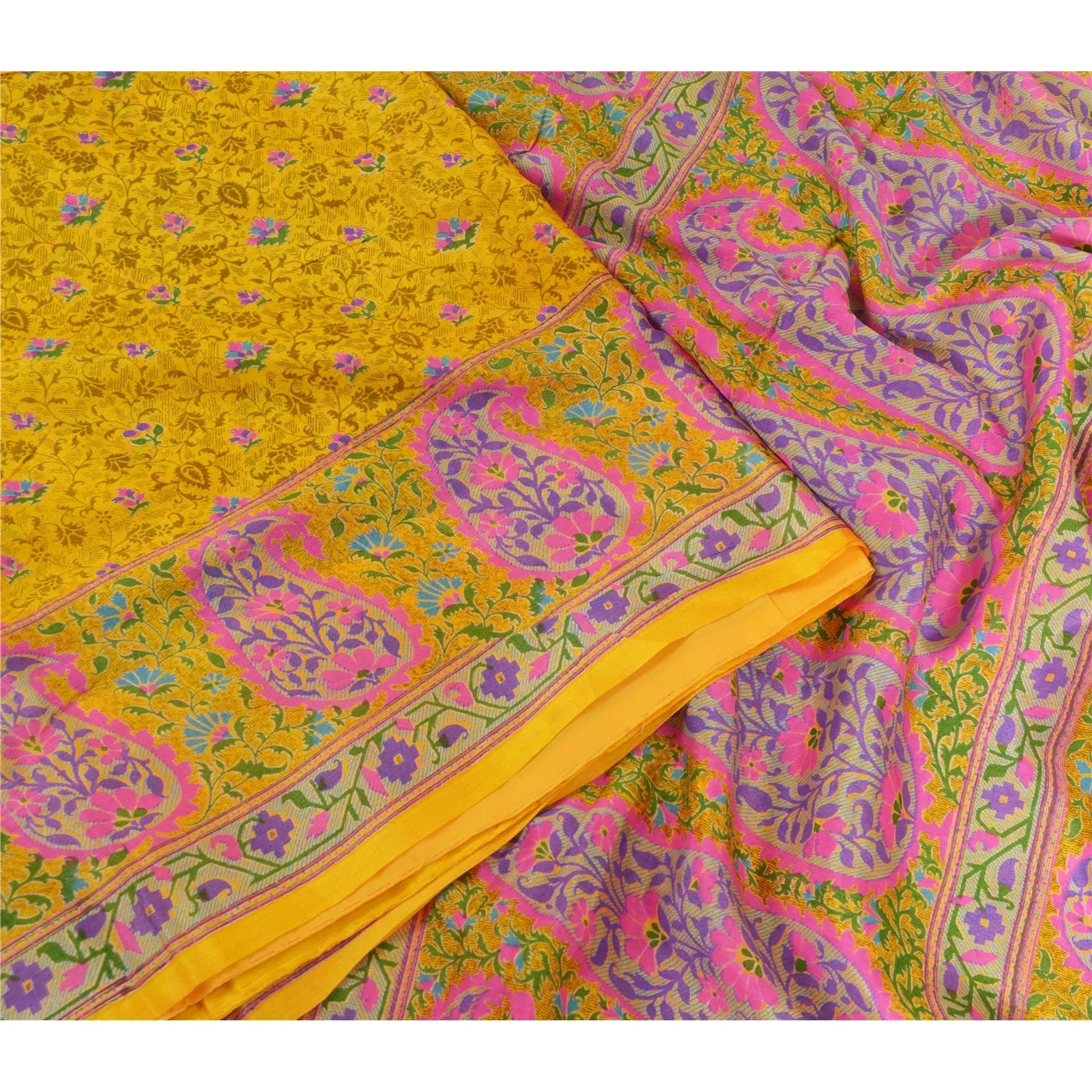 Sanskriti Vintage Sarees Yellow/Pink Pure Silk Printed Sari Floral Craft Fabric